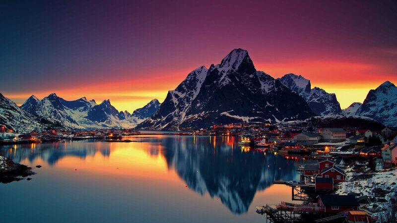 Fishing Village at Sunset — Purple, Dramatic, Photograph