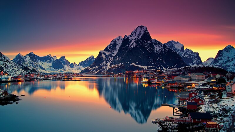 Fishing Village at Sunset — Purple, Serene