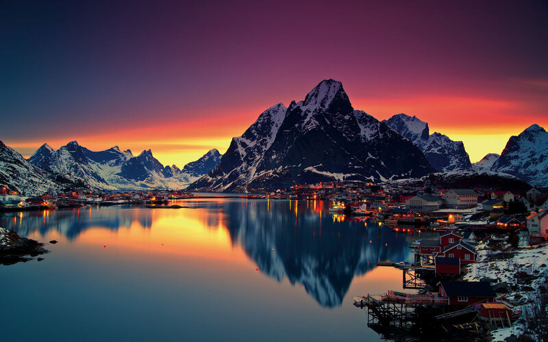 Fishing Village at Sunset — Purple