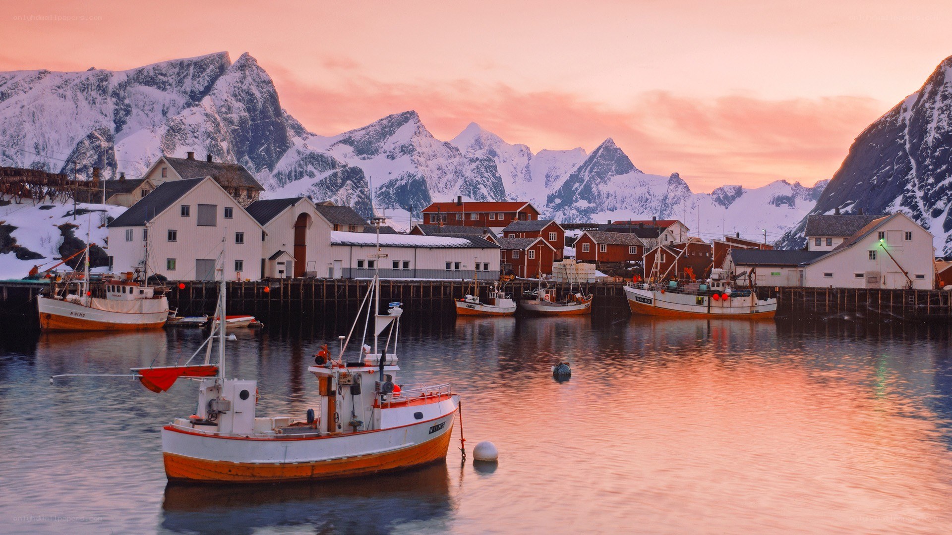 Fishing village at sunset