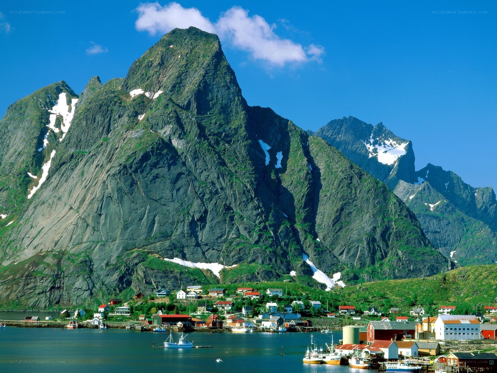 Fishing village by mountains