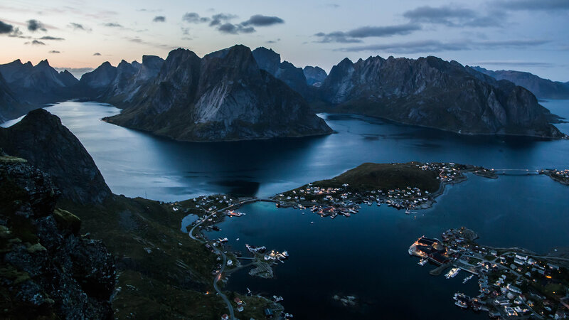 Fishing Village in Fjord — Blue, Serene, Night