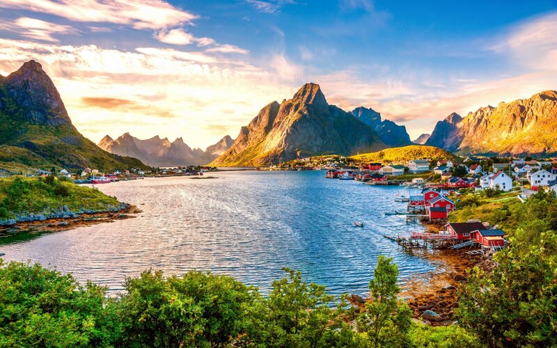 Fishing Village in Fjord — Blue, Serene, Sunset