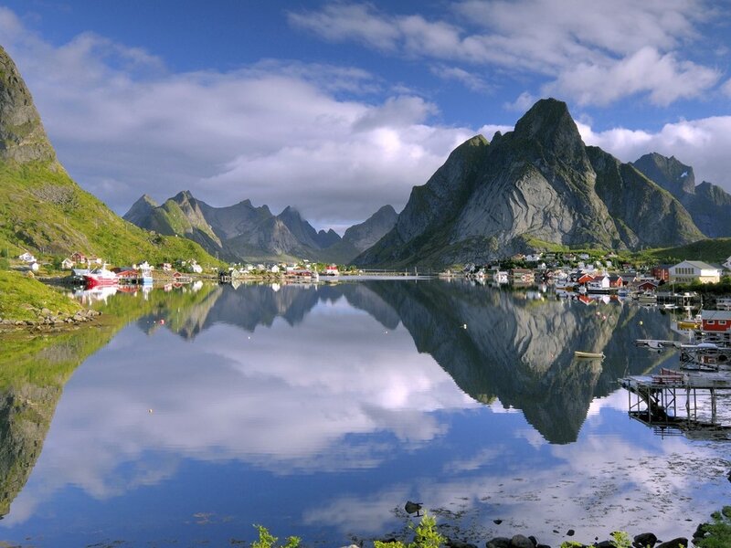Fishing Village in Fjord — Blue, Serene