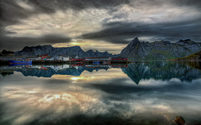 Fishing Village in Fjord — Gray