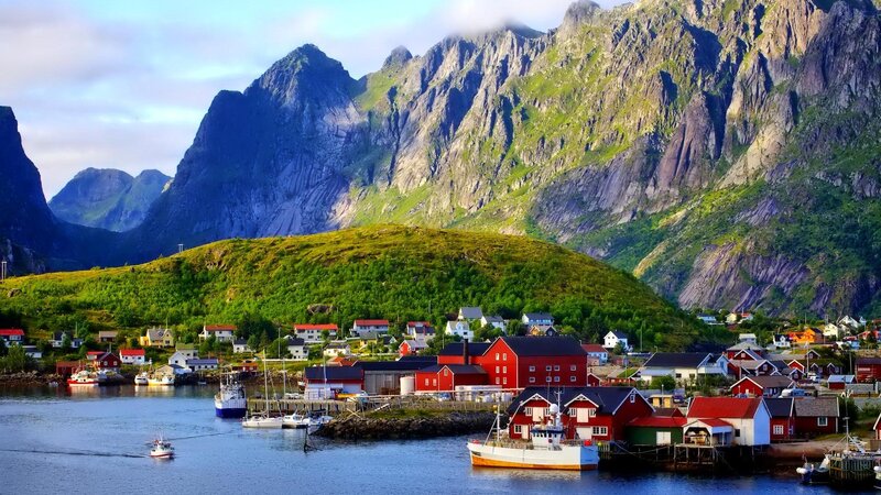Fishing Village in Fjord — Red, Serene