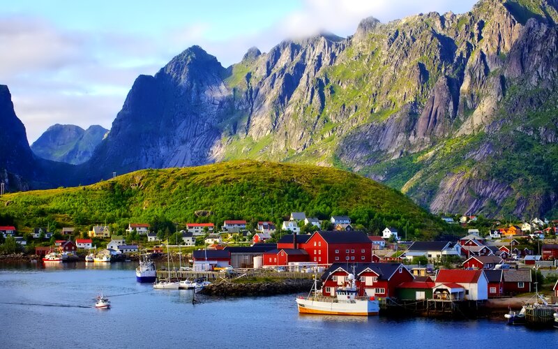 Fishing Village in Fjord — Red
