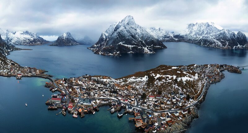 Fishing Village in Mountains — Blue, Dramatic