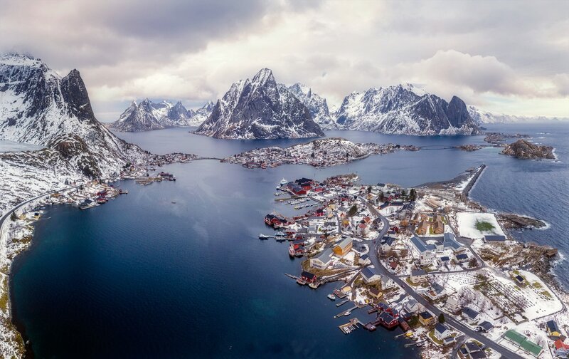 Fishing Village in Mountains — Blue, Dramatic, Winter