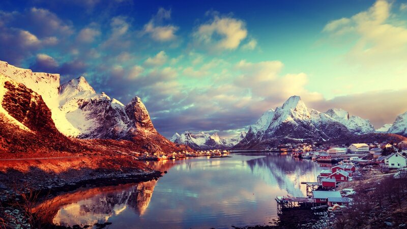 Fishing Village in Mountains — Blue, Serene, Sunset, Photograph