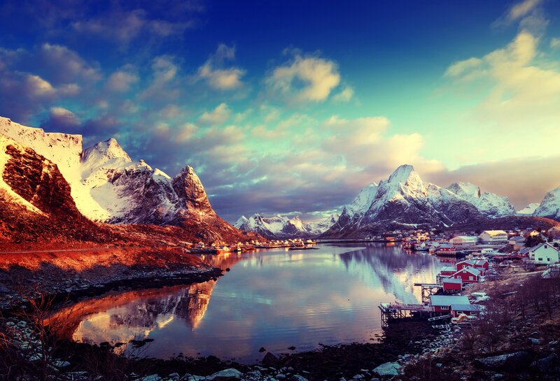 Fishing Village in Mountains — Blue, Serene, Sunset