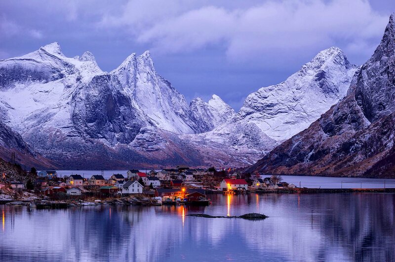 Fishing Village in Mountains — Blue, Serene
