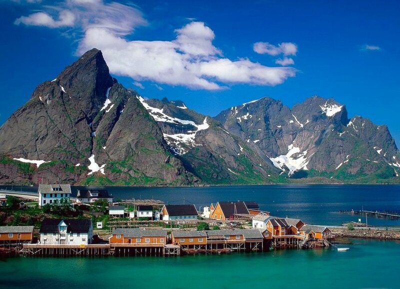 Fishing Village in Mountains — Blue