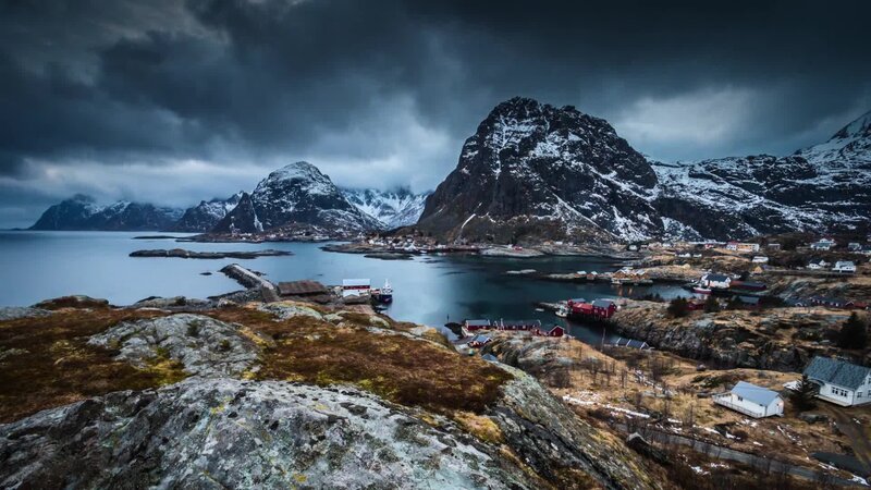Fishing Village in Mountains — Gray