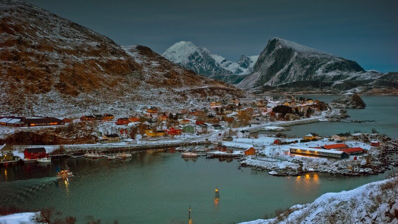 Fishing Village in Winter — Blue
