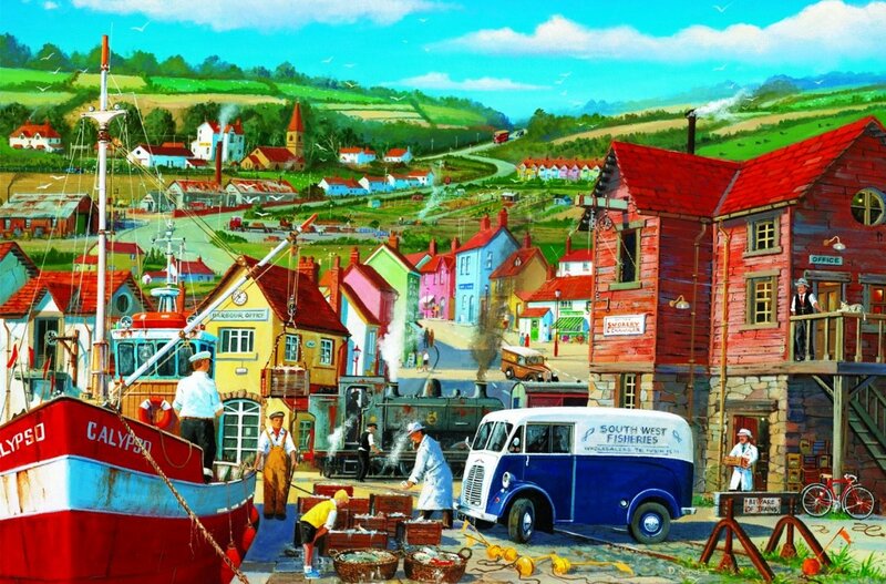 Fishing Village Scene — Red