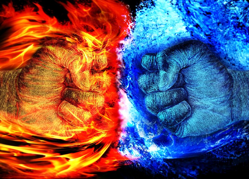 Fists Clashing with Fire and Ice