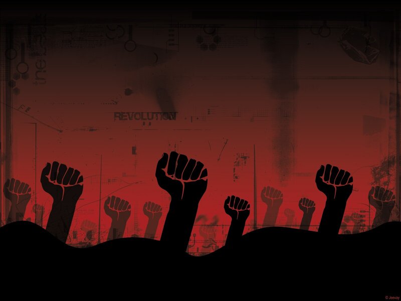 Fists Raised in Protest — Red, Dramatic