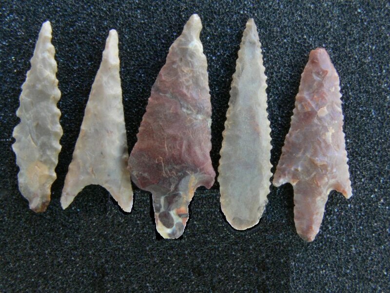five ancient stone arrowheads