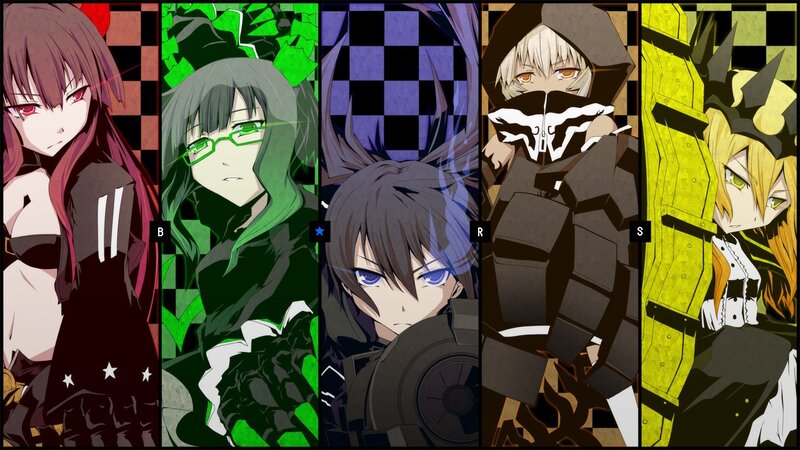Five Anime Characters — Black, Dramatic, Checkered Background, Masks