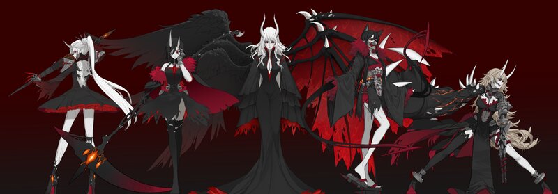Five Anime Characters — Black, Dramatic, Digital Art, Wings
