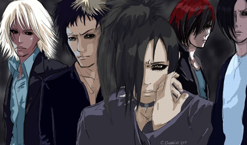 Five Anime Characters — Black, Dramatic, Manga, Dark Background