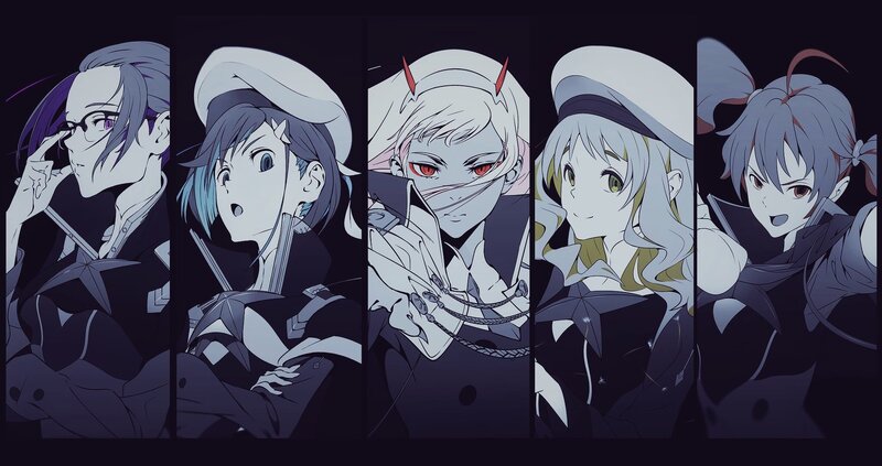 Five Anime Characters — Black, Dramatic, Night, Dark Background