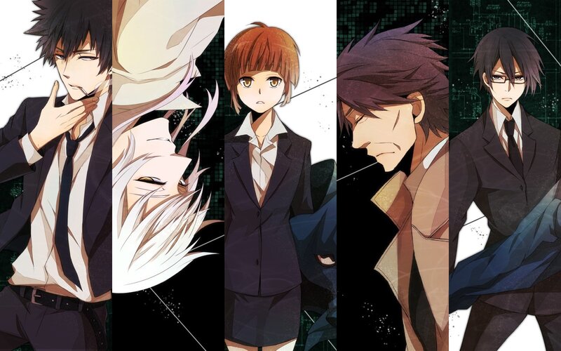 Five Anime Characters — Black, Dramatic, Suits, Digital Grid