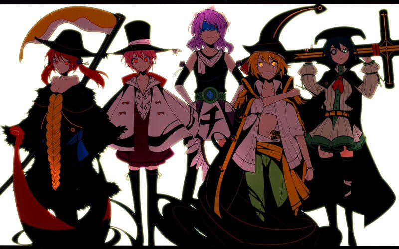 Five Anime Characters — Black, Dramatic, Swords, Hats, Wands