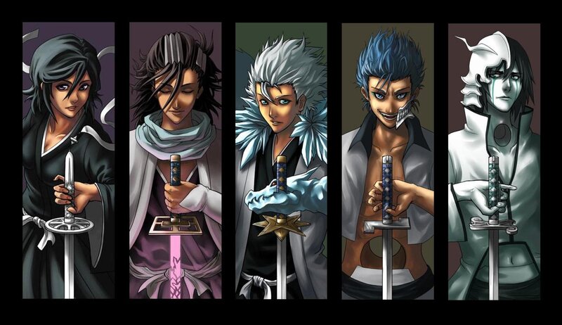 Five Anime Characters — Black, Dramatic, Swords, Shinigami
