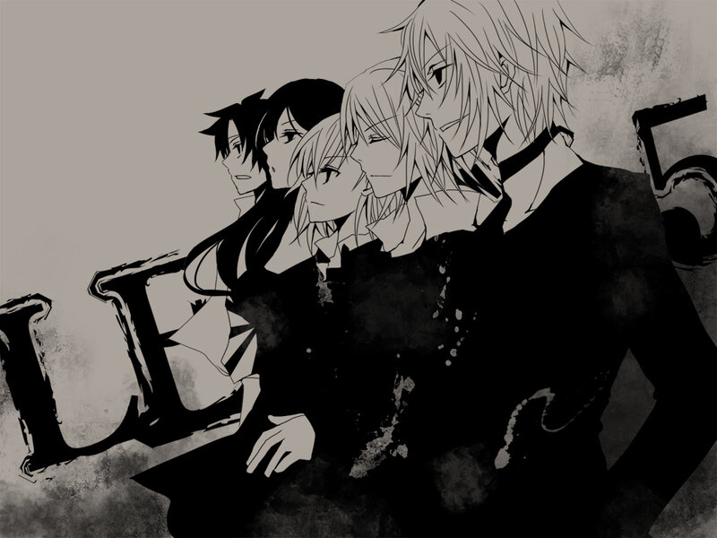 Five Anime Characters — Black, Dramatic, Text