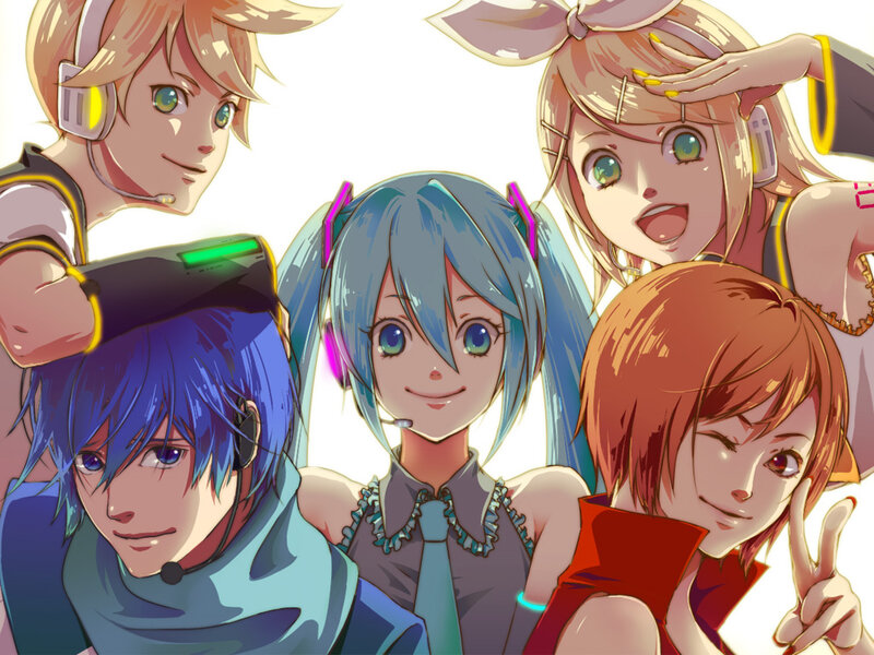 Five Anime Characters — Blue, Cheerful, Headphones, Microphone