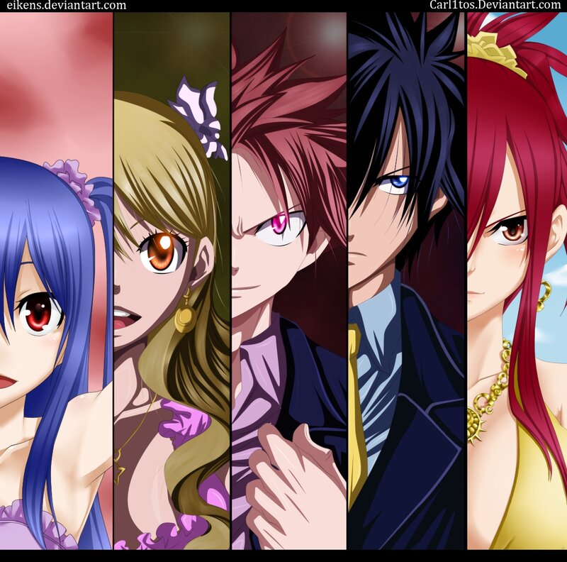 Five Anime Characters — Blue, Dramatic, Close-up
