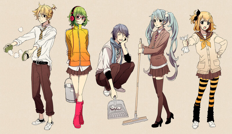 Five Anime Characters Cleaning
