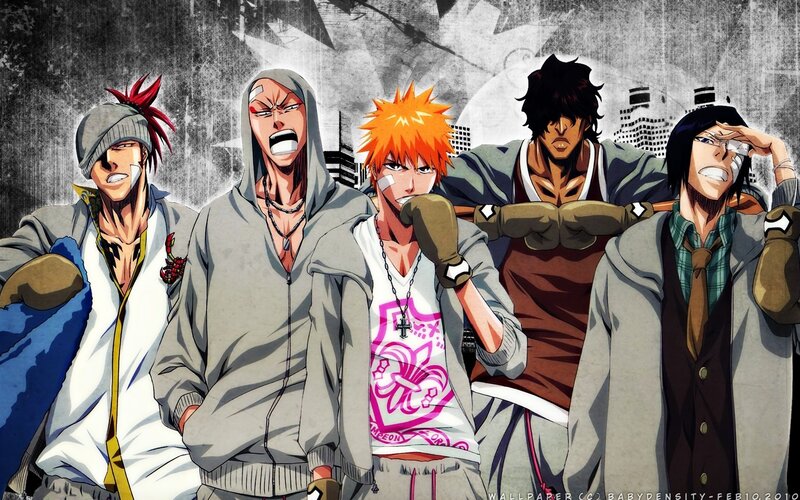 Five Anime Characters — Gray, Aggressive, Cityscape
