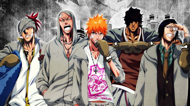 Five Anime Characters — Gray, Dramatic, Hoodies