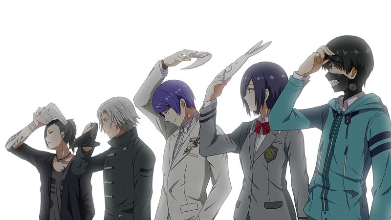 Five Anime Characters — Gray, Dramatic, Masks, School Uniforms