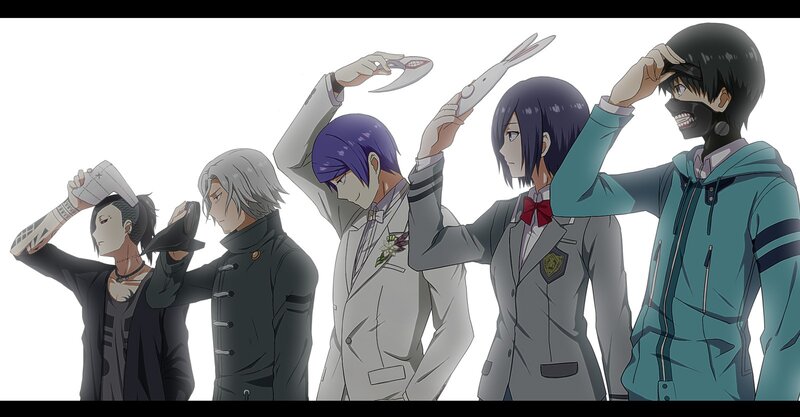 Five Anime Characters — Gray, Dramatic, Masks