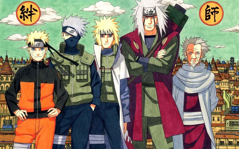Five Anime Characters — Green, Dramatic, Afternoon, Manga, Cityscape