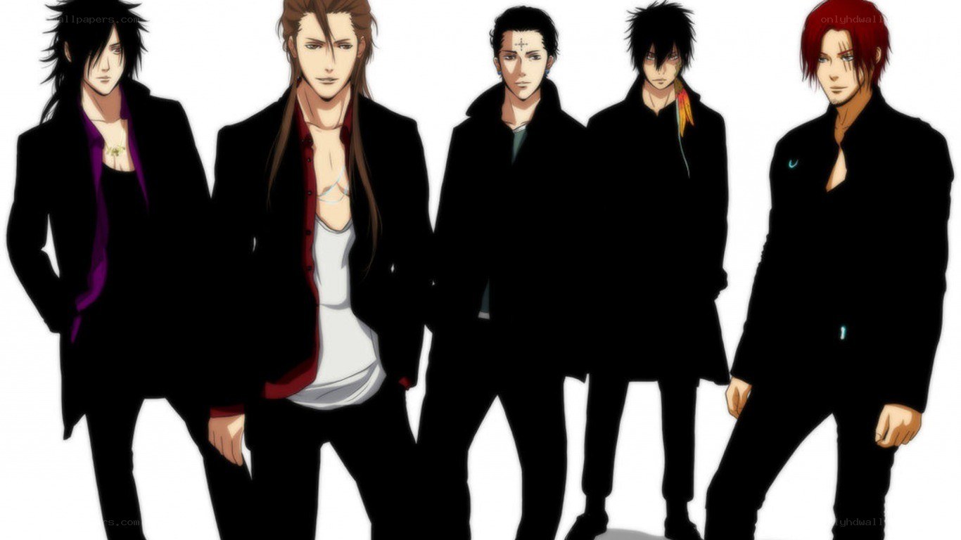 Five anime characters in black coats