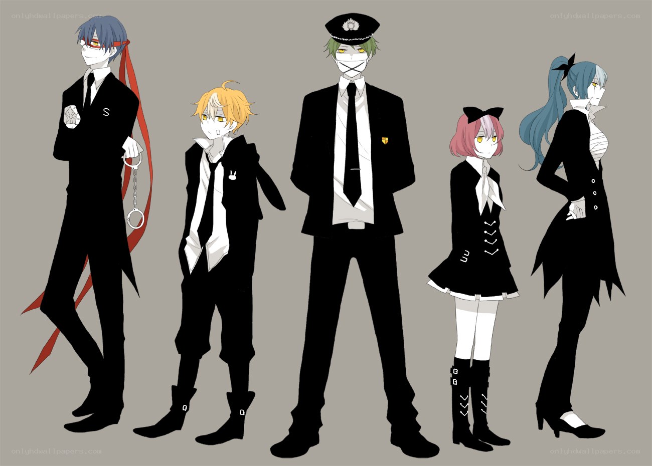 Five anime characters in black uniforms