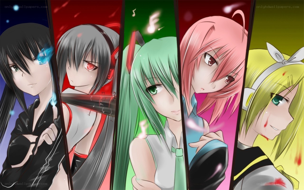 Five anime characters in colorful panels