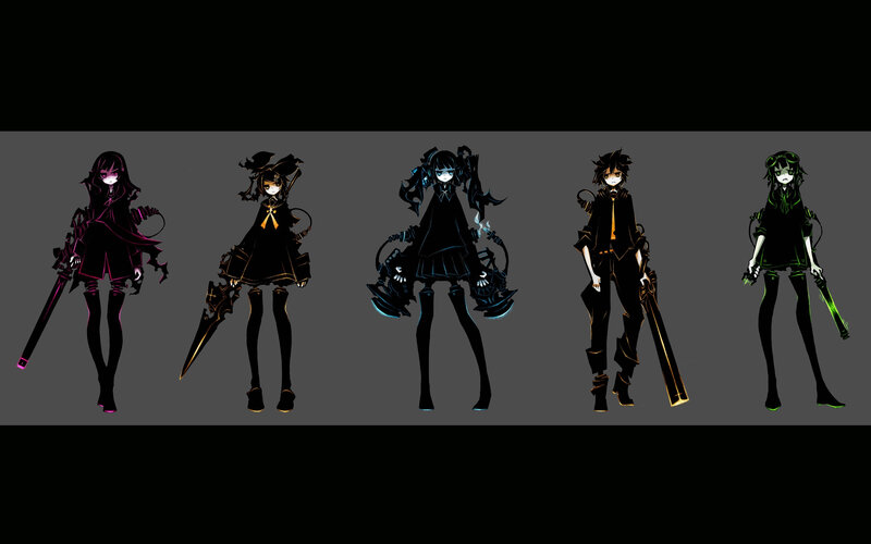 Five anime characters in dark outfits