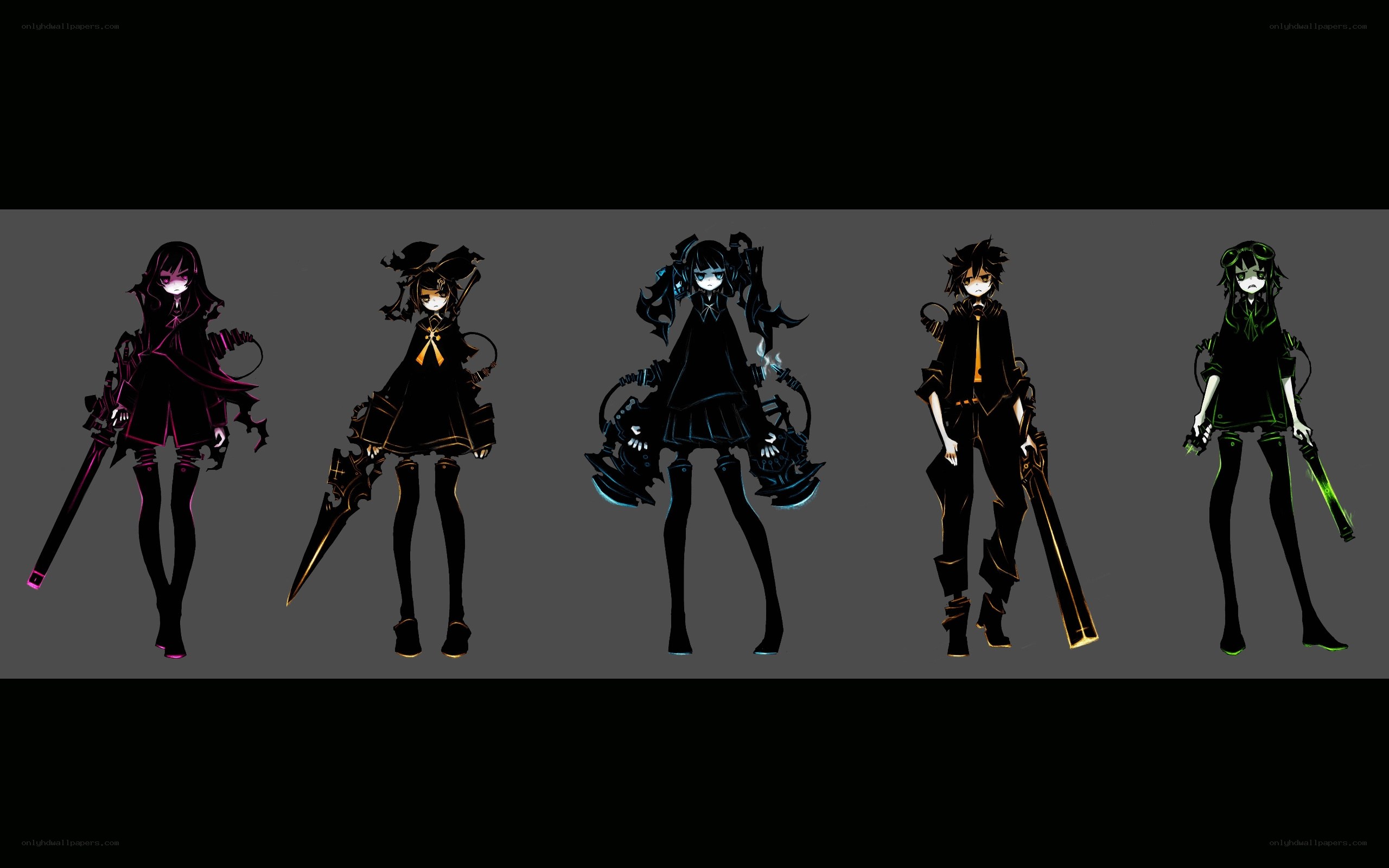 Five anime characters in dark outfits