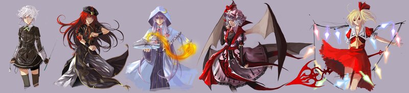 Five anime characters in fantasy attire