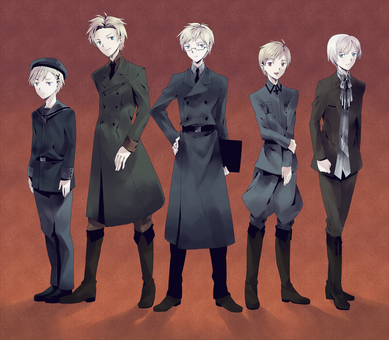 five anime characters in military uniforms
