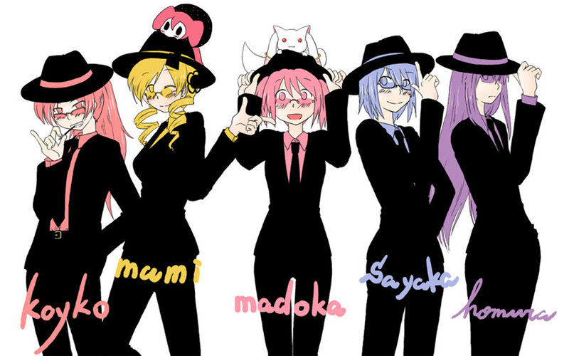 Five anime characters in suits