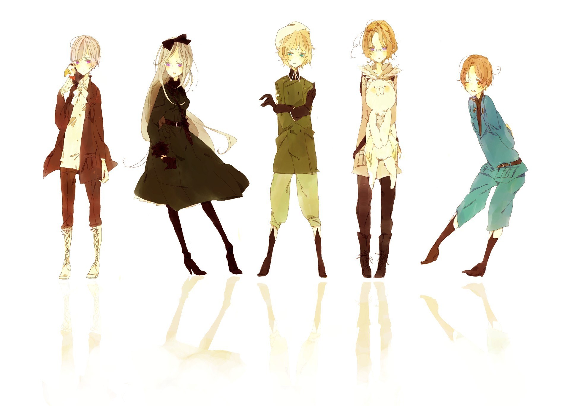 five anime characters in various outfits