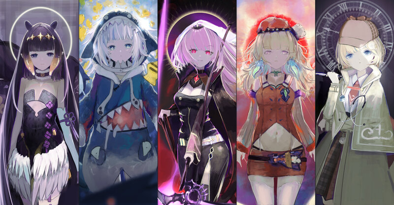 Five Anime Characters — Purple, Dramatic, Digital Art, Holy Halo