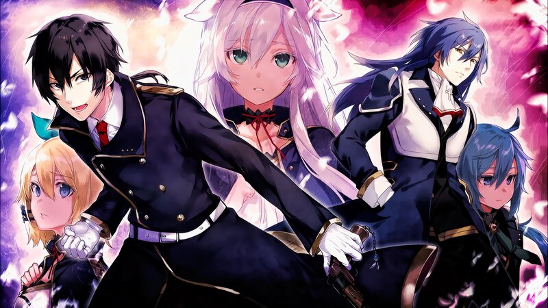 Five Anime Characters — Purple, Dramatic, Uniforms, Weapons